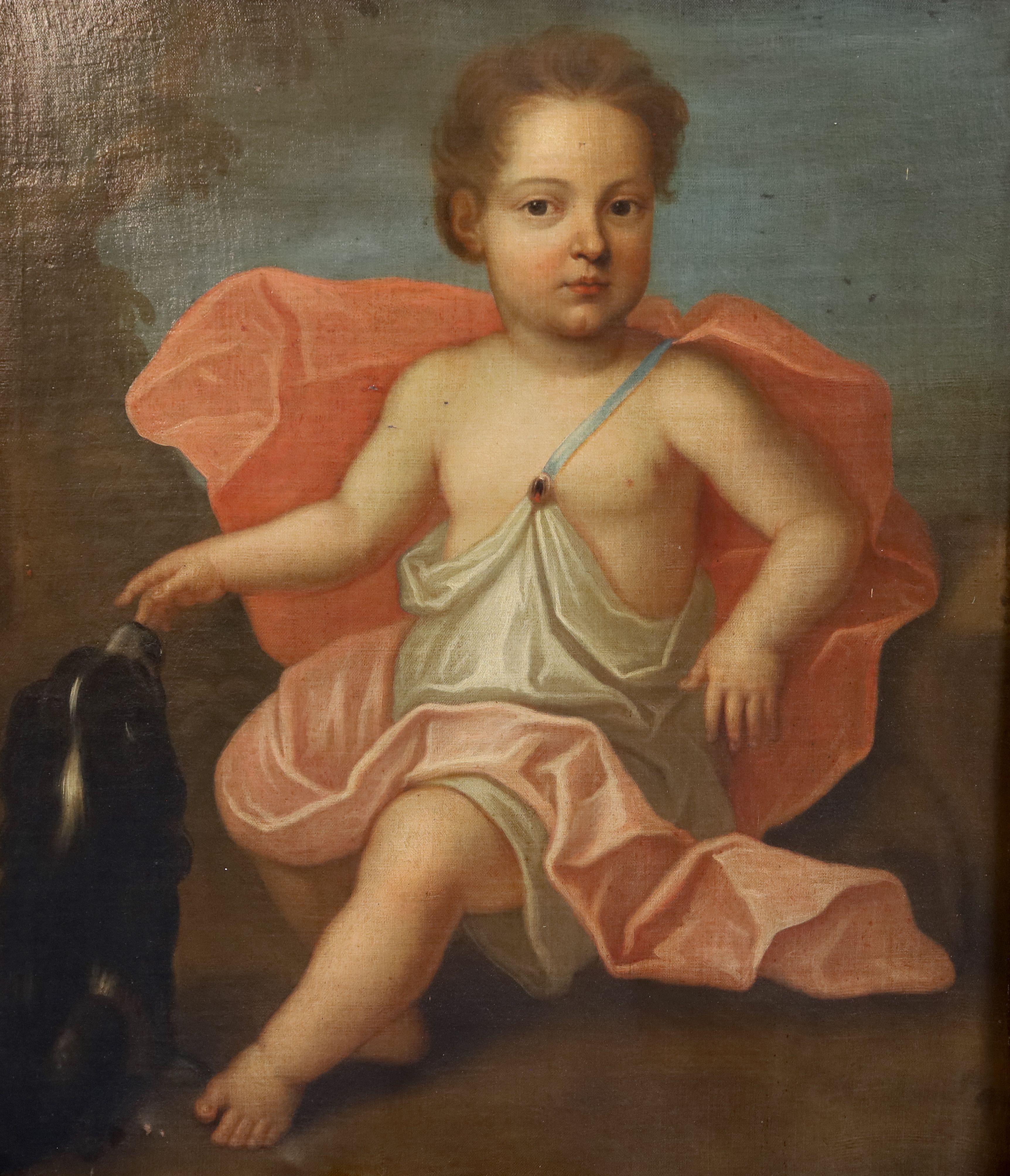 Late 18th Century English School Full length portrait of a child wearing classical robes seated beside a spaniel 29 x 24.5in.